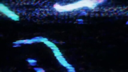 Poster - Abstract image featuring blurred, elongated streaks of light in blue, green, and white against a dark, grainy background.