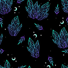 Wall Mural - beautiful seamless pattern with magic blue crystals with a outline, vector illustration. contemporar