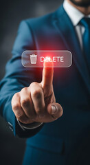 Poster - Man in Blue Suit Pressing Delete Button Red Glow image