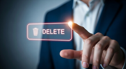 Poster - Man in Blue Suit Pressing Digital Delete Button hand