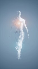 Poster - Ethereal human figure composed of mist and light, walking forward against a soft gradient background, symbolizing transformation and the essence of existence