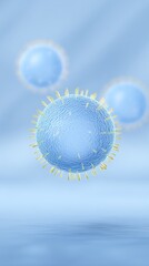 Poster - 3D illustration of a virus structure with blue spherical body and yellow spikes, floating in a soft blue background, representing microscopic life and scientific research concepts