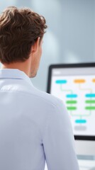 Poster - Male professional in a light blue shirt is analyzing data flow on a computer screen, showcasing a digital workflow diagram in a modern office environment