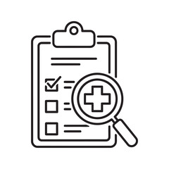 Poster - Healthcare audit icon with clipboard checklist medical cross and magnifier for patient record inspection and clinical compliance line vector stroke