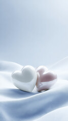 Aufkleber - Two glossy heart-shaped objects, one white and one soft pink, resting on a smooth satin fabric, creating a romantic and serene atmosphere with gentle lighting