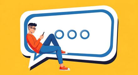 Young Man Using Phone Relaxing on Speech Bubble on Yellow Background