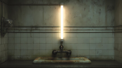 Wall Mural - Fluorescent tube buzzing above utility sink, long vertical light streak on tiled wall, rusted drain catch visible. Illustration