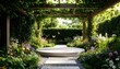© Selvy - A tranquil garden sanctuary featuring a smooth concrete platform under a vine-covered pergola, surrounded by lush foliage and blooming flowers.