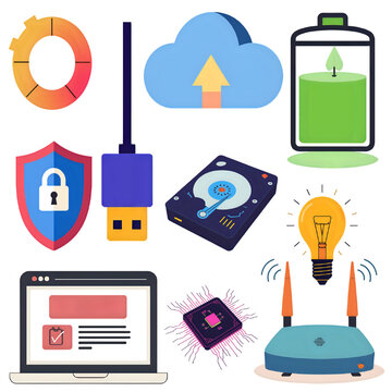 set of icons for web design. Digital Technology and Computer Components Represented in a Colorful Flat Design