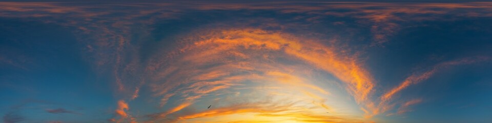 Wall Mural - 360 panorama of glowing sunset sky with bright pink cirrus clouds. hdr 360 seamless spherical panora