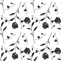 Poster - Seamless vector pattern with stylized black floral elements on a white background, featuring elegant tulip-like flowers and swirling vines for textile design.