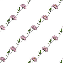 Poster - Elegant seamless vector pattern with delicate pink peony flowers and green leaves, arranged in a diagonal repeating design on a white background, perfect for textile, wallpaper, or surface design.