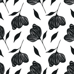 Poster - Seamless vector pattern with stylized black and white flowers and leaves, featuring a unique hand-drawn textured style for elegant design applications.