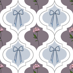 Poster - Seamless vector pattern with delicate light-blue bows, pink flowers, and geometric quatrefoil shapes on a dusky purple background, creating an elegant and sophisticated textile design.