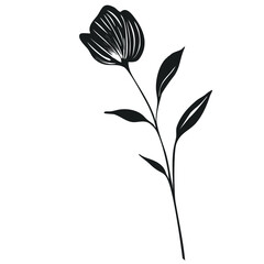 Poster - Elegant vector illustration of a stylized single black flower with linear leaves, perfect for minimalist designs and botanical prints.