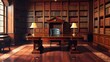 © Beny - Grand classic library with floor-to-ceiling bookshelves, an ornate wooden desk, and leather chair.