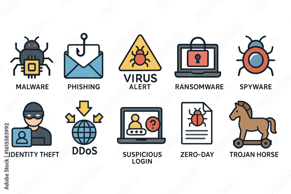 Set of flat cybersecurity threat icons in muted colors Stock Vector ...