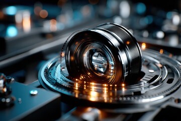 Poster - Camera lens on a circuit board highlighting intricate details and reflections in a tech environment