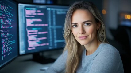 Poster - Tech Savvy: A determined female professional is immersed in her technology-driven world, exuding confidence and expertise while surrounded by monitors displaying complex coding information.