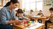 © Natsumae - Teacher assists young girl with colorful wooden puzzle, other preschoolers work quietly nearby in a bright classroom environment. A positive learning experience unfolds.