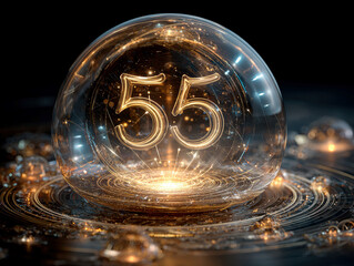 Poster - Glowing crystal bubble with number 55, spinning orbs, light rays, and digitaltechnological theme, floating on black background - AI-Generated