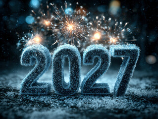 Poster - Illuminated 3D numbers 2027 in a frosty blue and silver setting, depicted against a black background with celebratory futuristic New Year theme The scene features sparkling sparklers f - AI-Generated
