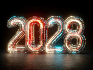 Poster - Futuristic 3D digital art of the number 2028, composed of glowing neon ribbons and champagne bubbles, against a dark backdrop - AI-Generated