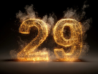 Poster - Large, bold 20 in fiery golden wireframes with dynamic smoke and sparks on black background Realistic flame effects create heat and movement Dominant colors are orange and yellow N - AI-Generated