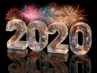 Poster - Transparent crystal 3D numbers 2030 illuminated by colorful fireworks and lasers on a black background, symbolizing high-impact New Year celebration Fireworks display in various shad - AI-Generated