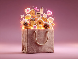 Poster - A 3D shopping bag filled with glowing abstract icons hunger, like, trophy, set against a gradient home background The bag is overflowing with various colorful confectionery items, su - AI-Generated