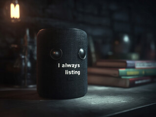 Poster - A spherical smart home speaker with Im always listening text, resembling eyes, in an industrial or laboratory setting, under soft spotlight, hinting at a science fiction or technolog - AI-Generated