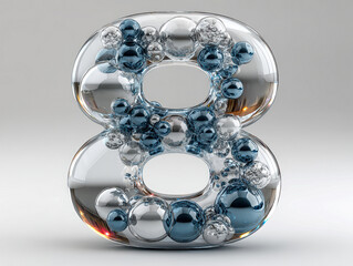 Poster - Three-dimensional, abstract, glass spheres, glowing blue, forming a balanced 3D number 8 against a white background - AI-Generated