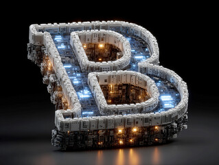 Poster - A large, illuminated 3D letter B constructed from connected glowing cubes, representing blockchain technology against a clean white backdrop The B and smaller T are intricate, de - AI-Generated