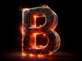 Poster - 3D fiery letter B on black background, glowing with flickering red-orange flames and swirling patterns - AI-Generated