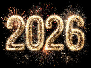 Poster - Golden glass 3D numbers 2026 with fireworks, black background, festive atmosphere, confetti, sparks - AI-Generated