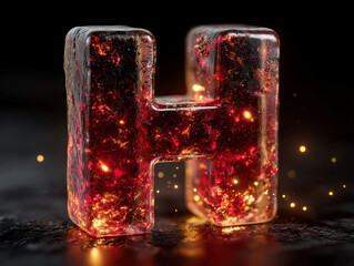 Poster - Transparent ice cube 3D H, red particles, orange-red glow, black background, high contrast - AI-Generated