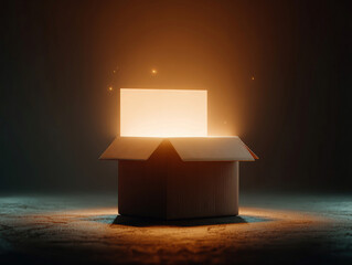 Poster - Close-up of a glowing, cardboard delivery box on a dark surface, contrasting minimal interior - AI-Generated