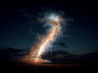 Poster - Vertical white fire pillar and blue-yellow curved firework arc, exploding side-by-side, in dark starry sky with distant water reflection - AI-Generated