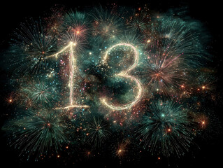 Poster - Firework display with a spiral green flare and tall white firework forming number 13, colorful spark trails against a black sky - AI-Generated