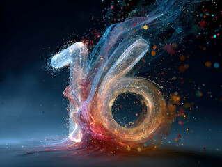 Poster - Bold, rotating digital art number 16 with vibrant colors reds, blues, surrounded by particles and a neon white burst Depicts a celebratory scene with swirling or exploding elements - AI-Generated
