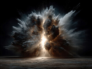 Poster - Silver beam, dual circular explosions, mid-air flare, dust, black sky, bright light source, orange, yellow, white, gray, billowing elements, digitally created, no text or human figures - AI-Generated
