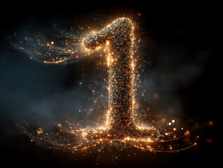 Poster - Vertical 3D golden firework number 1 exploding against a dark sky, surrounded by glittering sparkles - AI-Generated