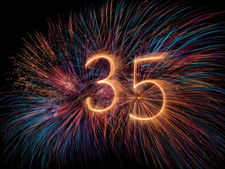 Poster - A vibrant night scene featuring the number 35 prominently displayed against a black sky, surrounded by bursts of colorful fireworks in hues of blue, orange, purple, red, and - AI-Generated