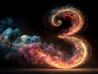 Poster - Illuminated, golden-yellow number 3 against a vibrant night sky backdrop with scattered bubbles, dynamic composition, dramatic lighting, digital art aesthetic - AI-Generated