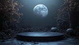 Dark Halloween forest scene with full moon and pumpkins on a circular platform night