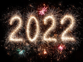 Poster - Aerial view of organized firework display spelling 2026 against a dark night sky, with vibrant, varying colored lights and spark showers - AI-Generated