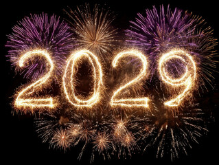Poster - Fireworks display celebrating 2029, showcasing various shaped explosions in purple and gold Sparkler-made numbers form the year - AI-Generated