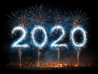 Poster - Night sky displaying vibrant, luminous fireworks forming the numbers 2020 Bright white and light blue explosions against a dark backdrop, centered on image Possible water reflection - AI-Generated