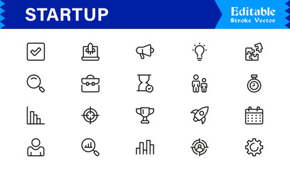 Startup Icon Set Featuring Business Launch, Innovation, Growth, and Entrepreneurship Symbols in Vector Style
