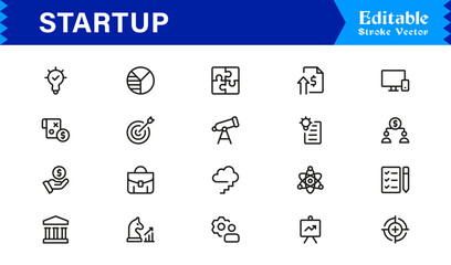 Startup Icon Set Featuring Business Launch, Innovation, Growth, and Entrepreneurship Symbols in Vector Style